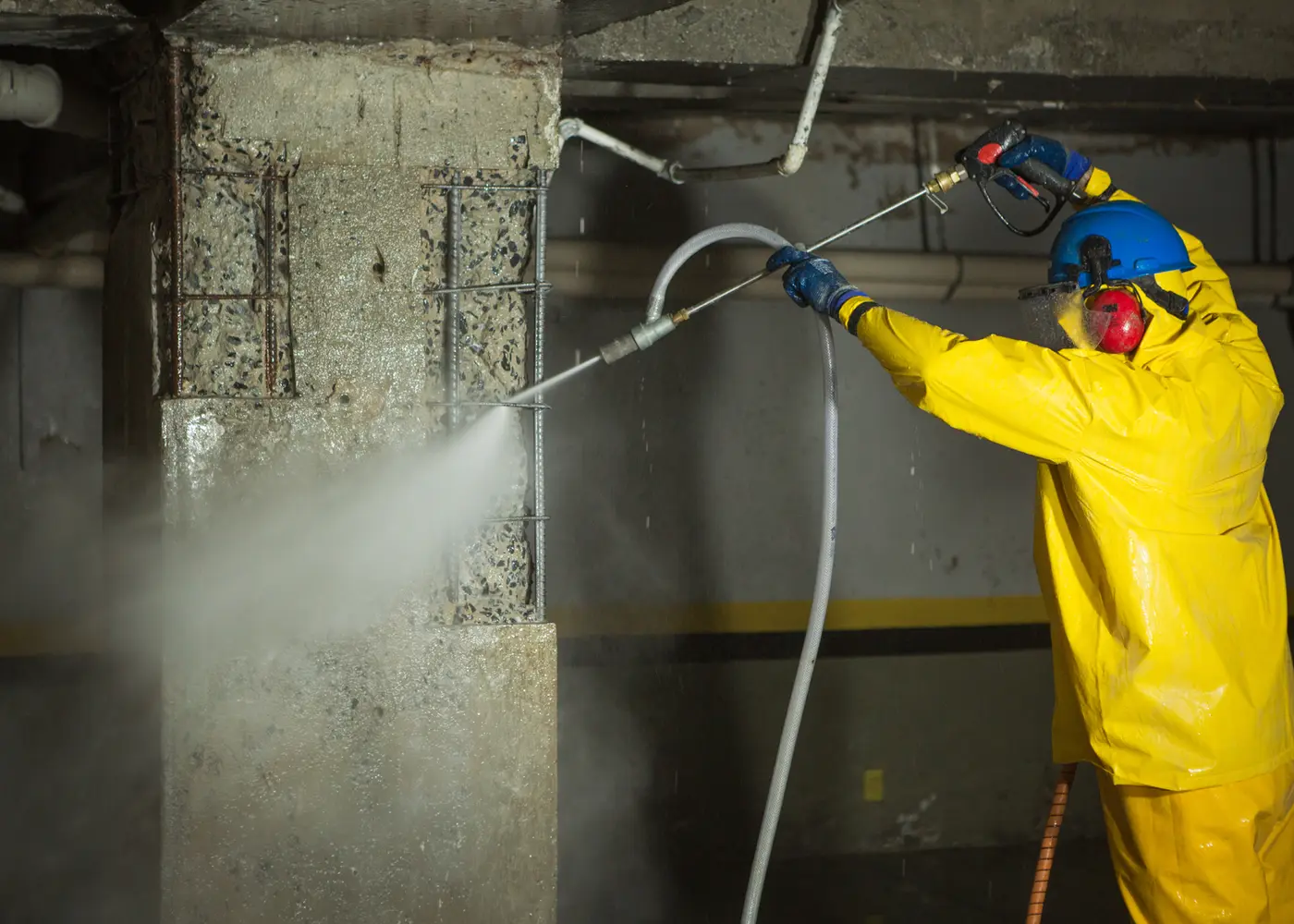 Técnico com EPI completo executando hidrojateamento em pilar de concreto com armadura exposta.